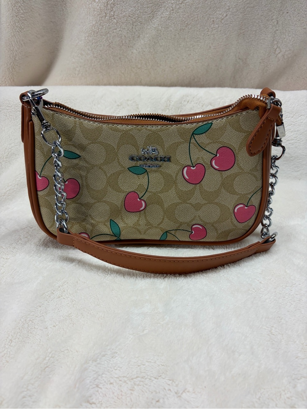 Coach Beige Signature Canvas Mini Bag with Pink Cherry Print and Tan Trim